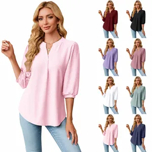 Camiseta de Mujer con Cuello en V Jacquard Manga Linterna 3/4 Suelta Casual Color Sólido Algodón Orgánico Top de Largo Medio