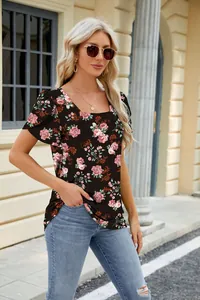 Elegant floral square neck t-shirt featuring unique petal sleeves and a vibrant print