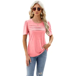 Women's casual coral pink short sleeve T-shirt with pleated front and U-neckline