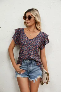 Floral print V-neck top with double layer ruffle sleeves for a casual summer style