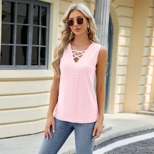 Detailed view of pink V-neck lace-up tank top with jacquard pattern for women