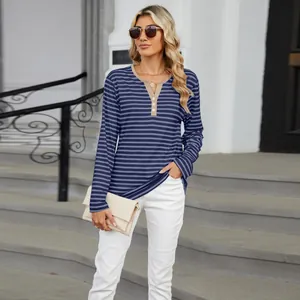 Stylish casual V-neck striped long sleeve T-shirt with button detail and contrast color trim.