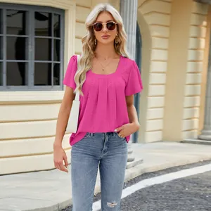 Front view of vibrant pink square neck pleated jacquard short sleeve t-shirt on model