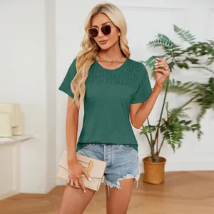 Close-up of a women's dark green shirred round neck short-sleeved casual T-shirt