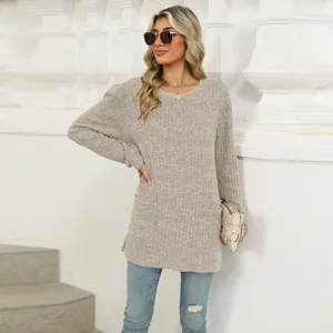 Women's casual beige long sleeve crew neck tunic top with pockets and stylish puff sleeves