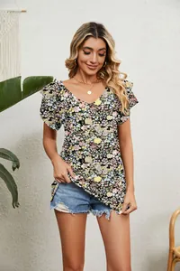 Detail of floral V-neck top with double-layered ruffle sleeves and loose summer fit