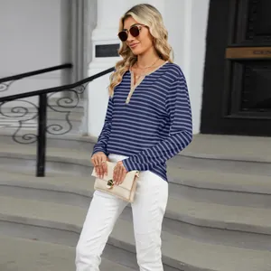Detailed view of women's striped V-neck long-sleeved t-shirt with contrast placket