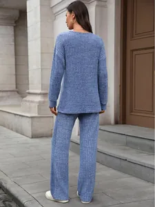 Back view of blue ribbed knit loungewear set for women with long sleeve and pants