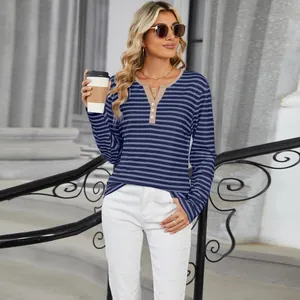Casual women's striped V-neck long sleeve T-shirt with contrast Henley collar detail