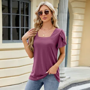 Close-up of purple t-shirt featuring a stylish square neckline and elegant petal sleeves
