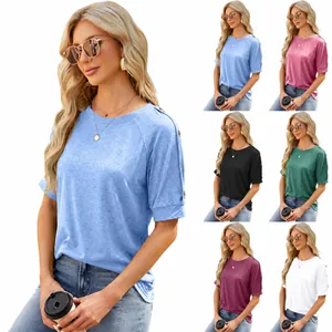 Women's Casual Raglan Sleeve T-Shirt Round Neck Short Sleeve Top With Button Details Solid Color Basic Summer Fashion Tee