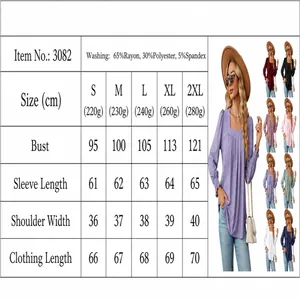 Size chart and measurement guide for women's square neck long sleeve pleated t-shirt