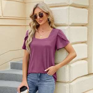 Detail view of a stylish purple T-shirt showing unique petal sleeves and square neckline.