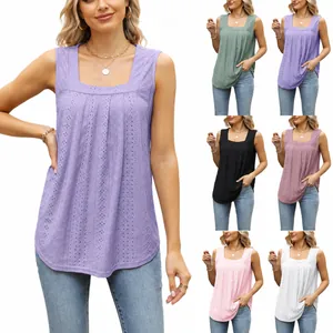 Damen Ärmelloses Tank Top Polyester Eckiger Ausschnitt Plissiert Ösenstickerei Schwalbenschwanzsaum Lässige Lose T-Shirt Weste