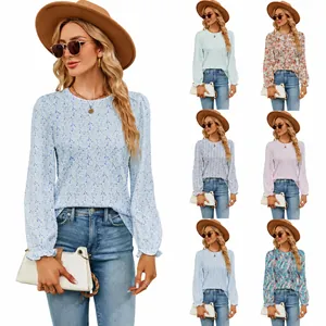 Women's Casual Floral Print Round Neck Long Sleeve Top Loose Fit Puff Sleeve Rayon Polyester Spandex T-Shirt Autumn Fashion