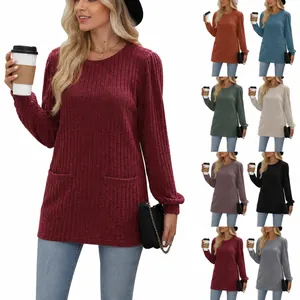 Women's Casual Polyester T-Shirt Long Sleeve Puff Sleeve Top With Pockets Crew Neck Ribbed Texture Loose Fit Solid Color Top
