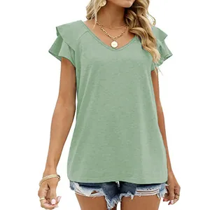 Casual sage green V-neck T-shirt featuring elegant double ruffle sleeves for women.