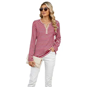 Casual red and white striped V-neck long sleeve T-shirt for women with button detail