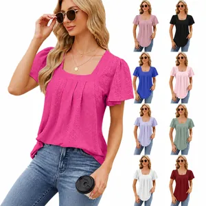 Women Square Neck Short Sleeve T-Shirt Jacquard Hollow Out Pleated Top Swallowtail Hem Casual Rayon Blend Loose Fit Summer Top