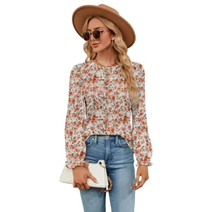 Bohemian floral print long sleeve top with crew neck and loose fit for women