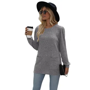 Casual grey ribbed long sleeve top featuring side pockets and elegant bubble sleeves for women
