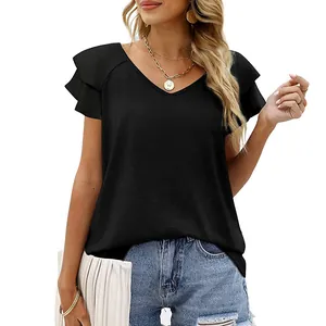Elegant black V-neck t-shirt with double layered ruffle sleeves for women summer wear