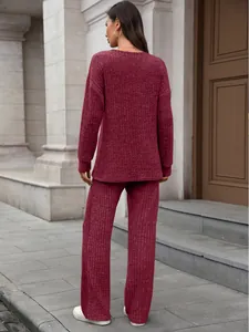 Detailed back view of a burgundy knitted loungewear set showing fabric texture and loose fit