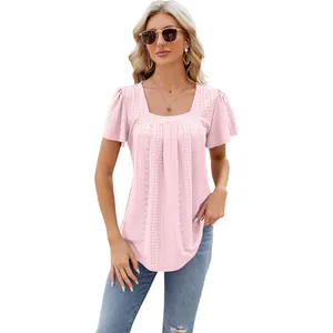 Elegant pink eyelet short sleeve blouse featuring a square neck and pleated front design