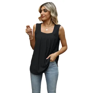 Elegantes schwarzes ärmelloses Top mit quadratischem Ausschnitt und Falten für Damen.