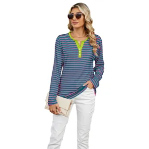 Casual women's striped long sleeve T-shirt featuring a V-neck and neon color block collar
