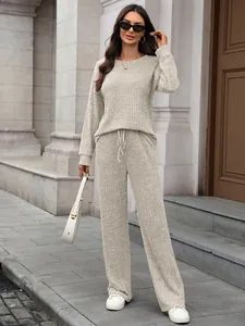Full view of the stylish round neck long sleeve knit set for cozy and casual home wear