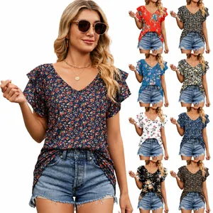 Women's V-Neck Floral Printed T-Shirt Casual Loose Cotton Top With Double Layer Ruffle Sleeves Summer Fashion Clothing