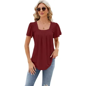 Women's elegant burgundy square neck t-shirt with eyelet jacquard and pleated flutter sleeves