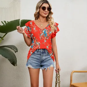 Stylish red floral V-neck summer top featuring double-layer ruffle sleeves for women