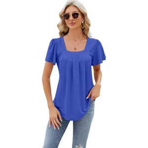 Elegant royal blue square neck pleated top with eyelet jacquard and flutter sleeves