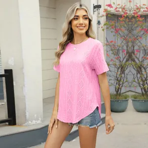 Stylish casual pink crew neck jacquard short sleeve t-shirt with diamond pattern on model