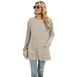 Casual grey ribbed knit long sleeve T-shirt with pockets and round neck for women