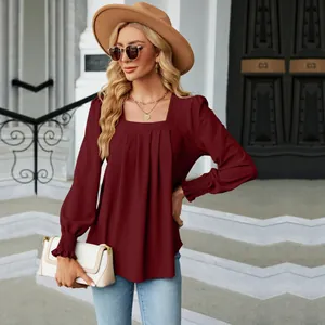 Elegant burgundy square neck long sleeve t-shirt with pleated details and jacquard texture