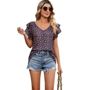 Women's floral V-neck top with double layer ruffle sleeves in casual loose fit