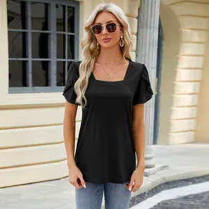 Detailed view of women's black square neck T-shirt with elegant petal sleeves.