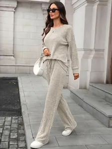 Women's two-piece ribbed knit loungewear set with long-sleeve top and wide-leg pants