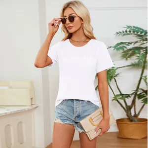 Detailed lifestyle view of a white round neck T-shirt with shirred pleated chest design