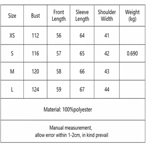 Tabla de tallas para abrigo de piel sintética con medidas e información textil.