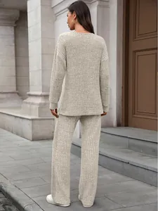 Detailed back view of a cozy grey ribbed knit loungewear set with long sleeves and pants
