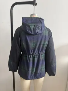 Back view of women's blue and green plaid hooded jacket with a drawstring waist detail.