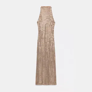 Women Halter Neck Spliced Mesh Midi Dress Rhinestone Sequined Mesh Grid Bodycon Party Dress Off-White Cocktail Gown 4772/264