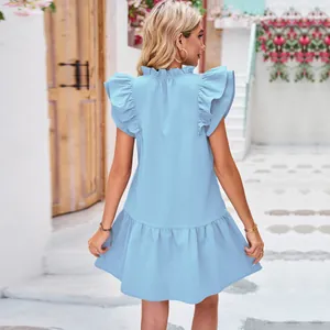 Elegant light blue summer dress featuring ruffle flutter sleeves and a pleated back view