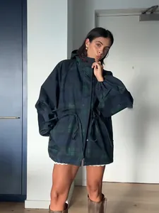Fashionable dark green plaid windbreaker with adjustable drawstring waist and stand collar