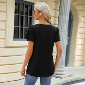 Detailed back view of a black loose-fit T-shirt featuring stylish petal sleeves and square neck.
