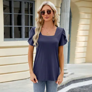 Detail view of navy blue square neck t-shirt with elegant petal sleeves on model